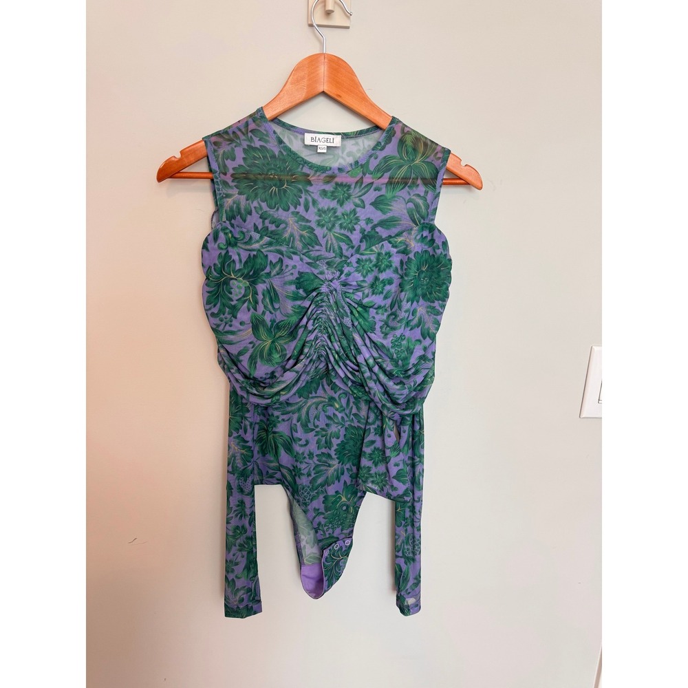 BIAGELI | Bodysuit Women XS/S Purple Floral Mesh Ruched Draped Avant Garde